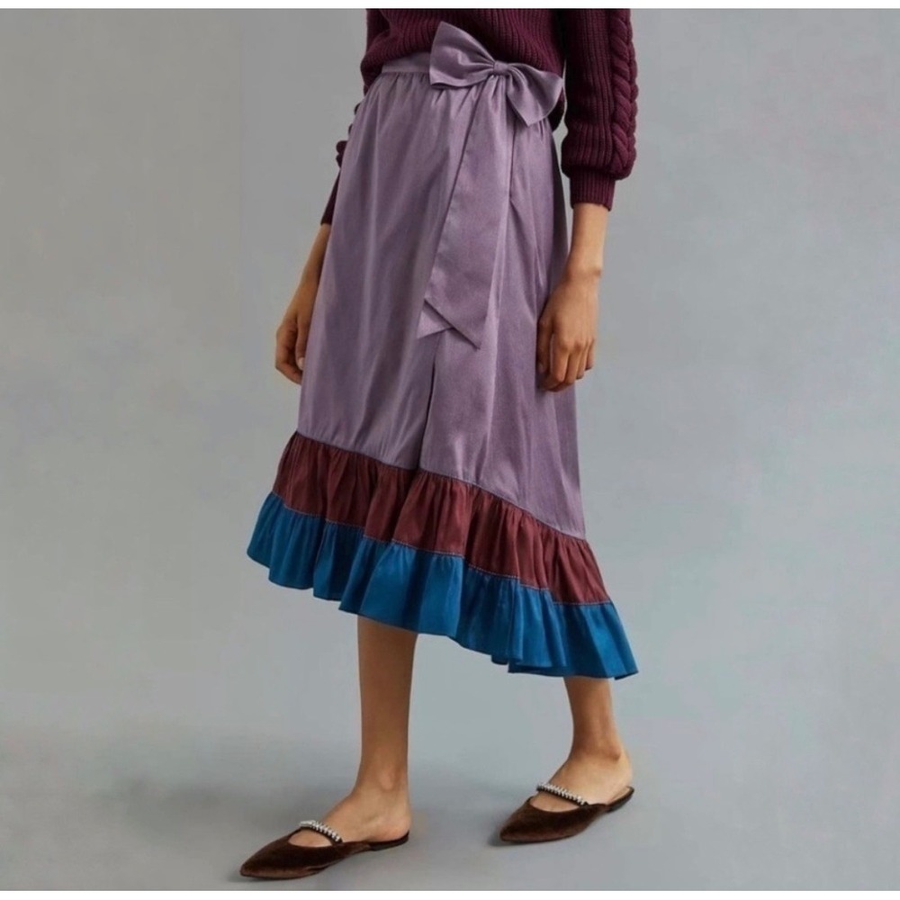 Sachin & Babi Anthropologie Midi Skirt 4 Purple Colorblock Ruffle  Romantic Boho